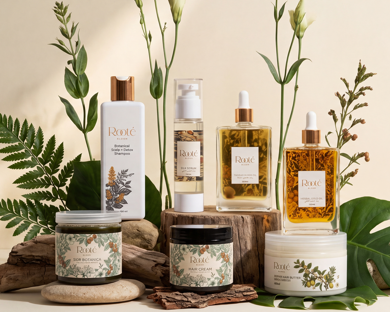 A curated collection of Roux Apothecary natural skincare products arranged on a neutral beige backdrop with botanical props. The set includes a white botanical body wash bottle, a clear serum bottle with a white pump, a clear amber-toned oil bottle with a dropper, a clear amber-toned soap bottle with a dropper, two botanical-infused body butter jars (one white, one black lid), and a white body butter jar, all styled with green leaves, ferns, and wood logs.