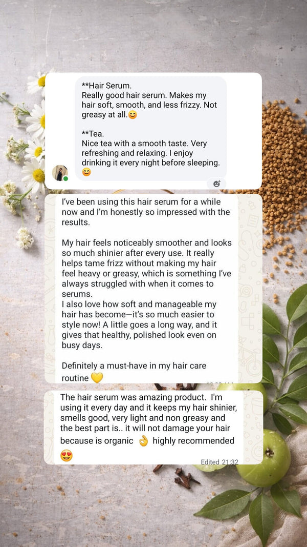 WhatsApp message in English from a customer describing how the hair serum leaves her hair feeling.